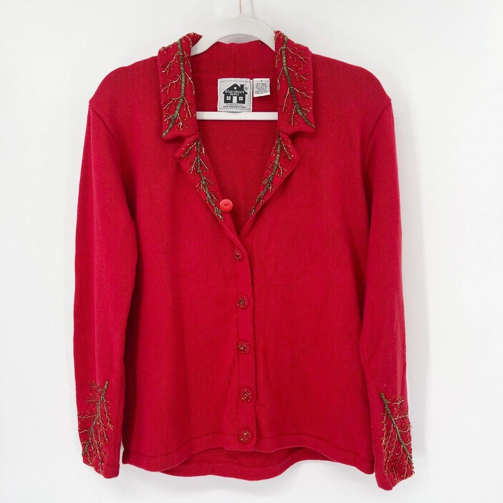 Storybook Knits Beaded Christmas Cardigan Sweater Sz S Red Button Up Collared